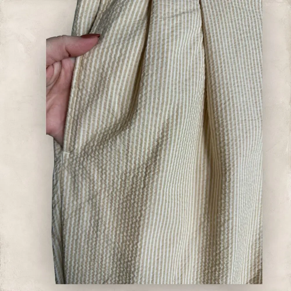 Jos A Bank Seersucker Trouser Pants Tan White Preppy Cuffed Pleated 34x28